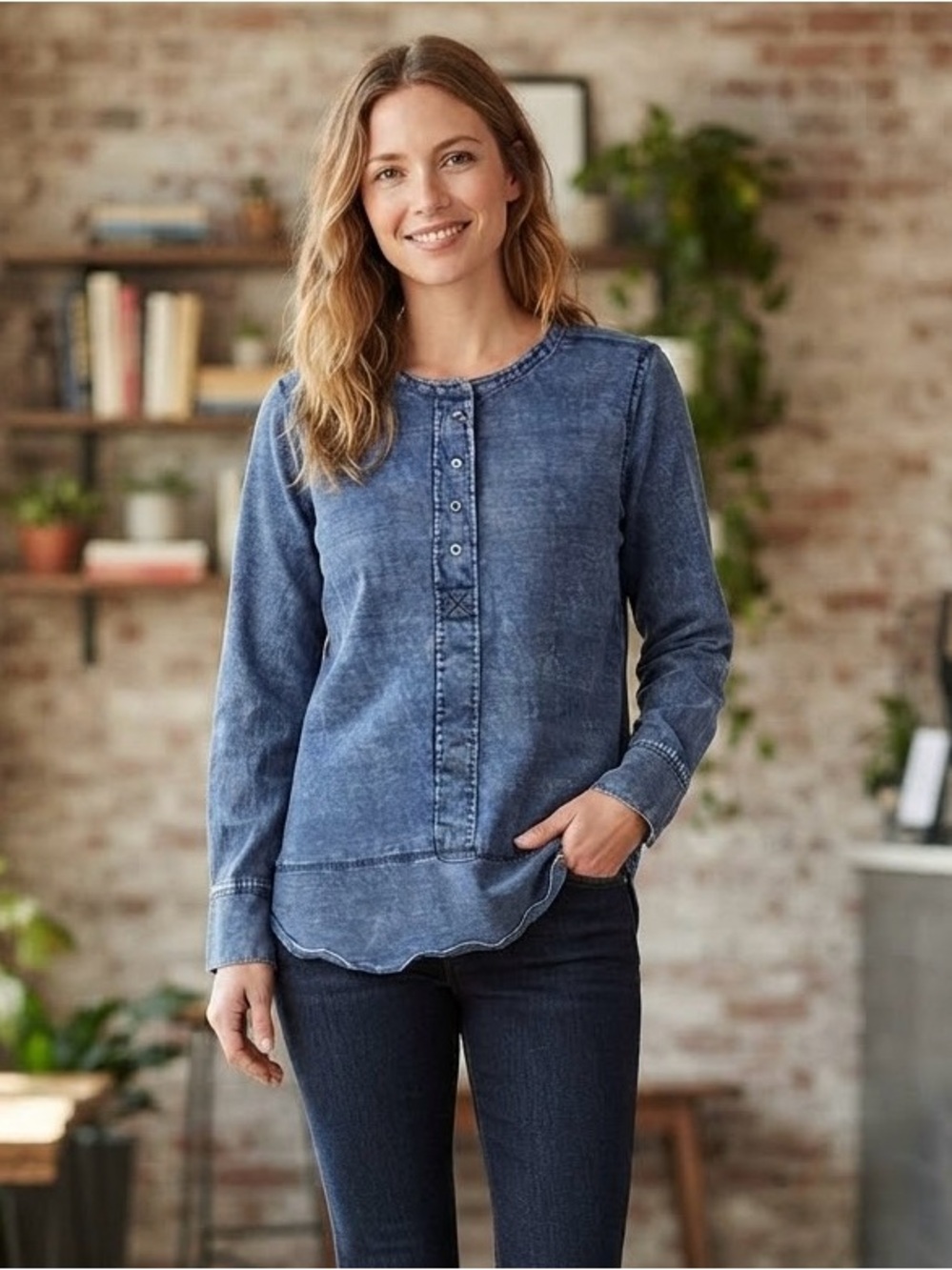 Roots Washed Denim-Blue Long Sleeve Henley